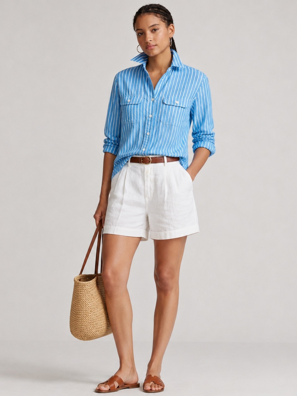 Lauren Ralph Lauren Blue Striped Linen Button Down Shirt Summer Women Size XL